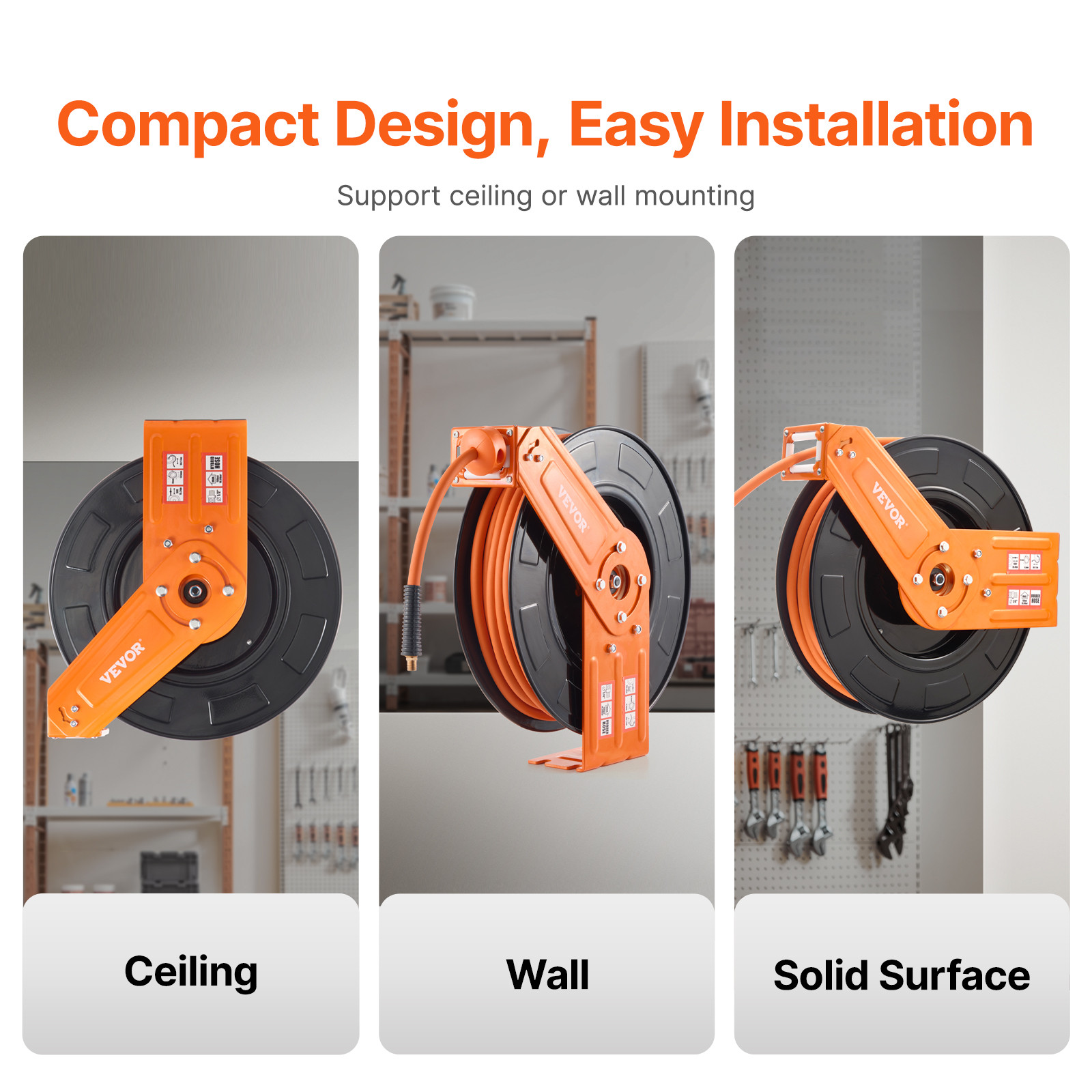 VEVOR Retractable Air Hose Reel 3/8 IN x 100 FT Rubber Air Hose Reel Max 300 PSI