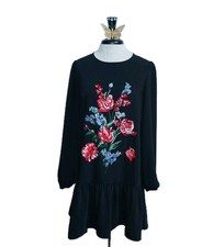 Express Women Drop Waist Flounce Dress Small Black Floral Embroidered Cottage