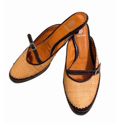 Vintage Versus Versace Raffia Slingback Kitten Heel Mules Italy EU 37