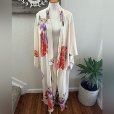 Natori Cream Floral Satin Kimono Robe with floral pattern size XXL No Belt 