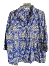 Rebecca Malone Women’s Blouse Plus Size XL Blue Paisley 3/4 Sleeves Button Front