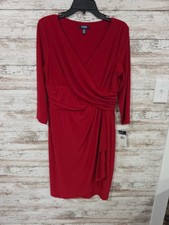 Chaps Sheath Dress Women L Red Faux Wrap Ruched Surplice Neck Cocktail Party NWT