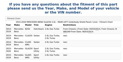 2015-2020 MERCEDES-BENZ GLA250 2.0L - REAR LEFT Underbody Shield Panel / Liner - Picture 6 of 6