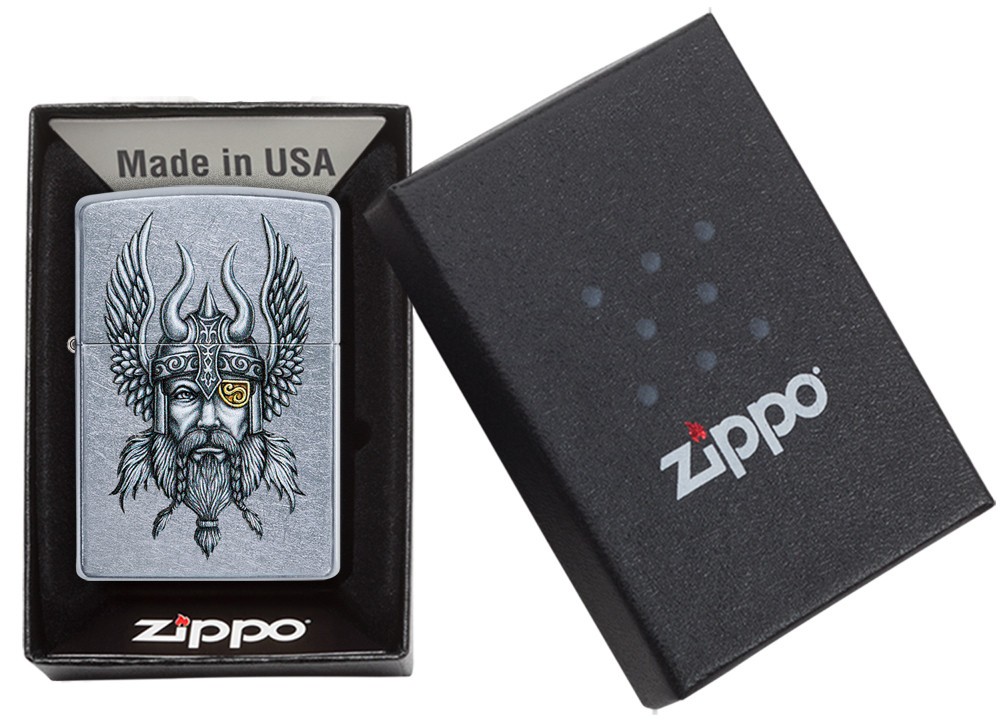 Zippo Viking Warrior Design Brushed Chrome Windproof Pocket Lighter, 29871