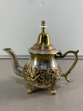ANTIQUE MOROCCAN COPPER TEAPOT w NICKEL & BRASS embellishments Folk Craft