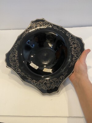 Large Black Amethyst Glass Bowl Sterling Silver Overlay 1930 s