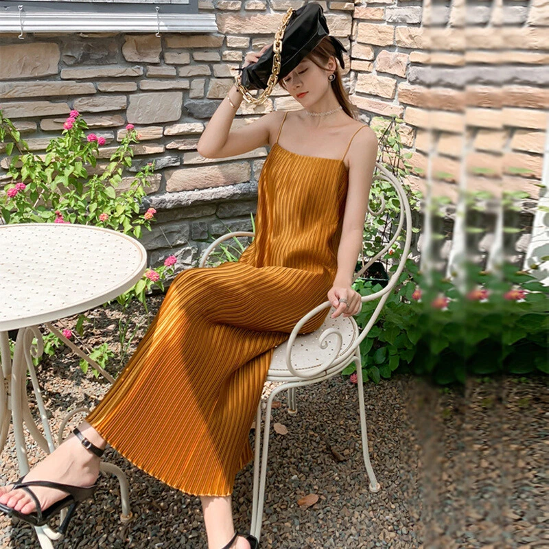 Women Summer Faux Silk Satin Pleated Long Camisole Dress Beach Holiday Slip Gown