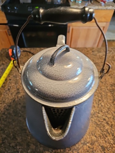 Large Grey Speckled Enamel/Graniteware Cowboy Pot W/Lid Wired Wood Handle Vntg - Picture 7 of 15