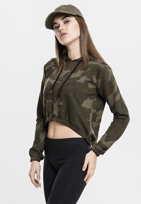 Urban Classics Damen Hoodie Ladies Camo Cropped Hoody Olive