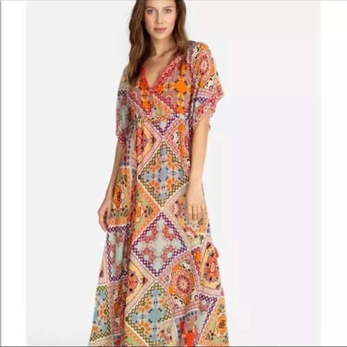 Johnny Was Dress Jade Thalia Caftan Beach Maxi Silk Bohemian Patchwork Resort L