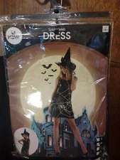 Adult Black Spider Web Black Sequin Dress Women's Halloween Witch Costume M L