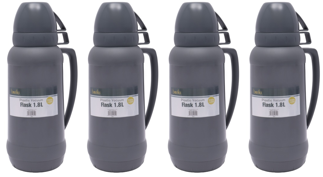 4x basiks Plastic Vacuum Thermal Flask Hot Cold Tea Drink Camping Travel 1.8L