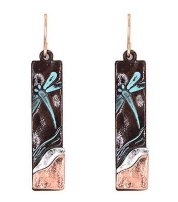 Dragonfly Fish Hook Earrings Patina Accent Rectangular with a Gift Box