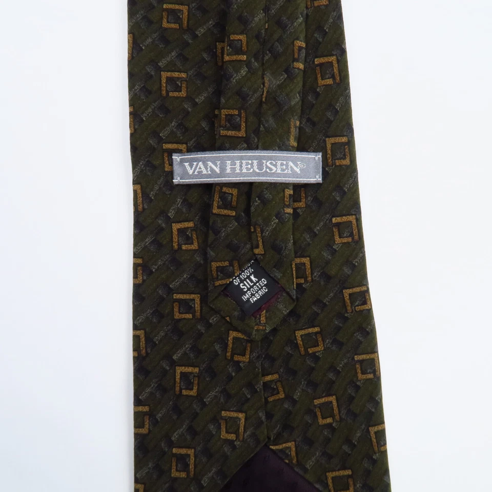 Vintage Van Heusen Mens Neck Tie Green Gold Squares Pattern 100% Silk 56"x4" - Image 3 of 4