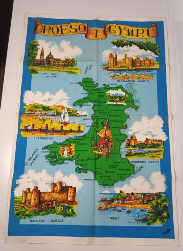 Croeso I Gymru Wales Vintage Souvenir Tea Towel Linen Collectable Vista - Picture 1 of 5