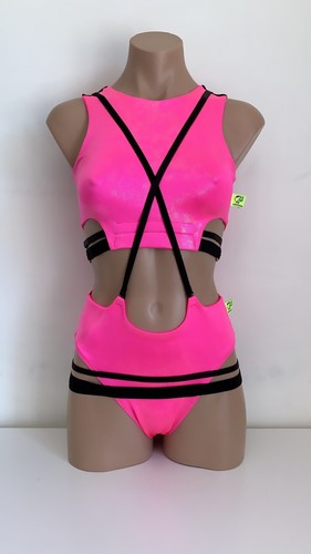 Schminke π© pleasure suit Pole dance wear set wet look top bottoms straps neon - Picture 3 of 9