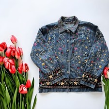 Life Styles Heavily Embroidered Floral Denim Jacket Boho Festival Vtg Sz Large