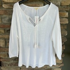 Lucky Brand White Top 1X Round Neck Embroidered Tie Front 3/4 Sleeve Cotton NWT