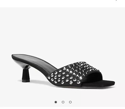 Michael Kors Amal Kitten Sandal Women's Size 7.5 Black Embellished Faux Suede