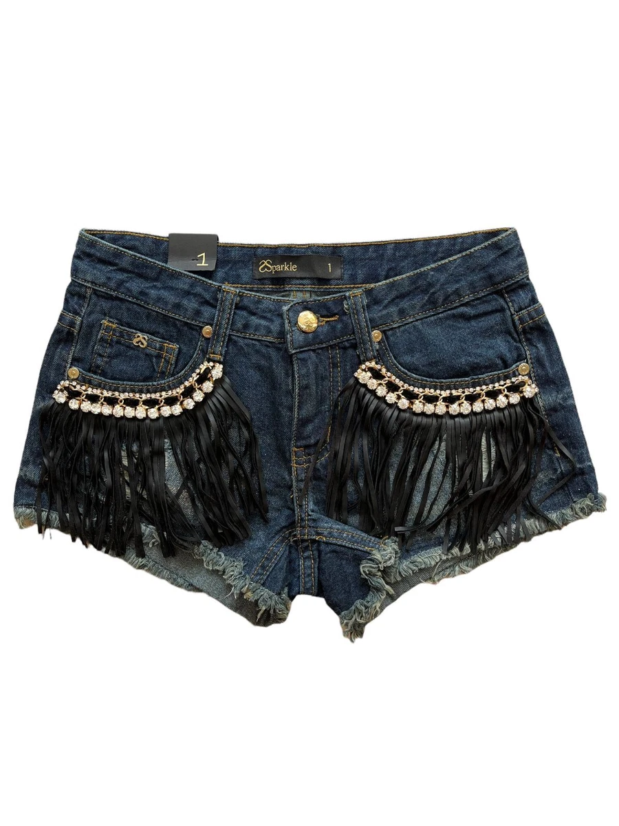 RRP 80 SPARKLE Women s Denim Shorts Size 1 SS3034 178734 Fringe RS PKTS V7 New