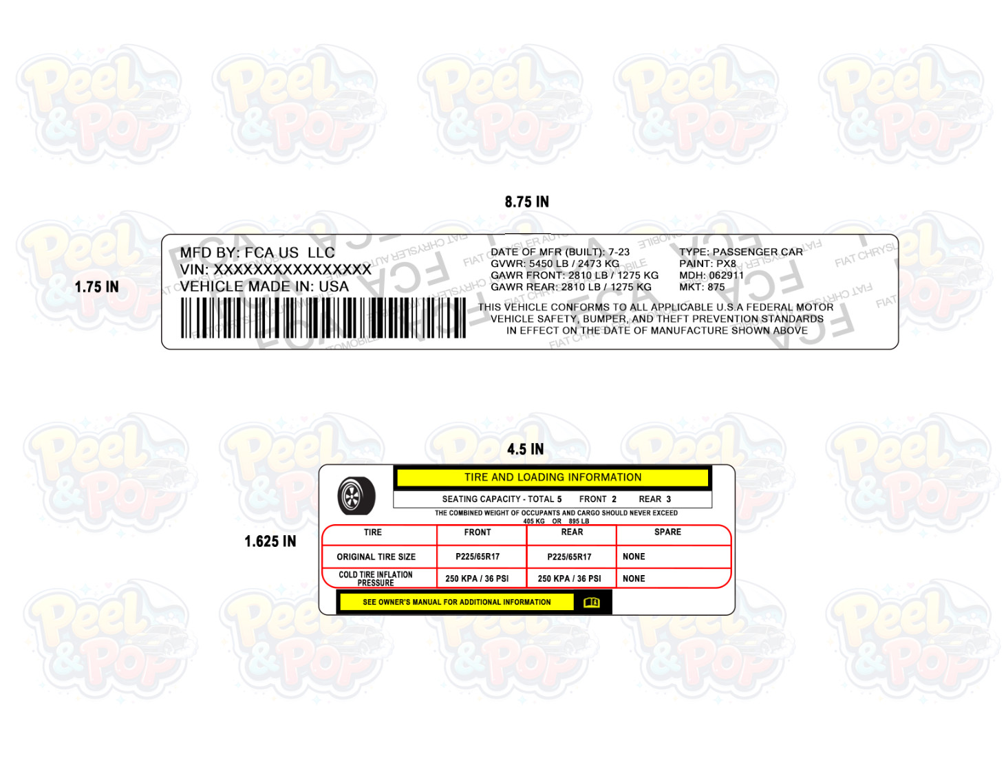 FCA JEEP DODGE CHRYSLER VIN Sticker Decal Tire Loading information SET OF 2