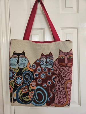 THREE CAT COLORFUL CANVAS ZIPPERED TOTE BAG 18''X16''X3''