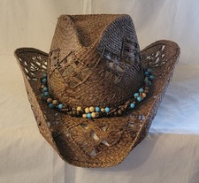 CHARLIE 1 HORSE DARK BROWN BEADED TURQUOISE HEADBAND STRAW COWBOY HAT MEDIUM