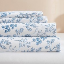 3 Piece Bed Sheets Set Twin XL Sheets White - Extra Soft Blue Floral Sheet De...