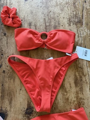 WILO THE LABEL Ribbed 3-Piece Bandeau Bikini Set S Red Skirt Scrunchie