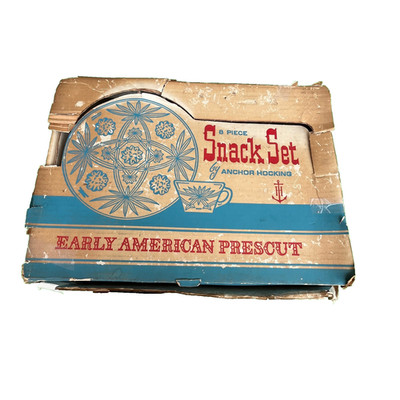 Vintage Anchor Hocking Early American Prescut Snack Set 8 Piece With Box
