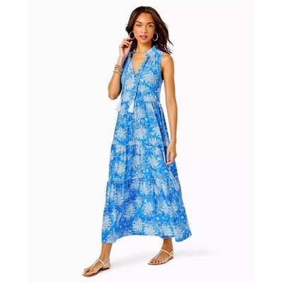 Lilly Pulitzer Malone Maxi Dress Small Boca Blue Croc & Lock It  Floral Cotton