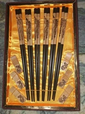 Chinese Zhengyuan 12pc Set - 6 Pair Chopsticks & 6 Rests Boxed Gift Set Vintage 