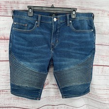True Religion Rocco Shorts 38 Relaxed Skinny Moto Denim Blue Orange Stitching