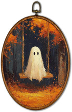 Vintage Swinging Ghost Fall Oval Wall Art Decor 8.6"X11.4"  Retro Autumn Ghost