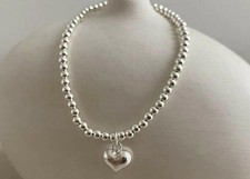 925 Sterling Silver Plated Stretch Bead Bracelet + Heart  Adjustable