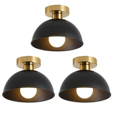 Industrial Semi Flush Mount Ceiling Light with Gold Plate and Matte Black Sha...