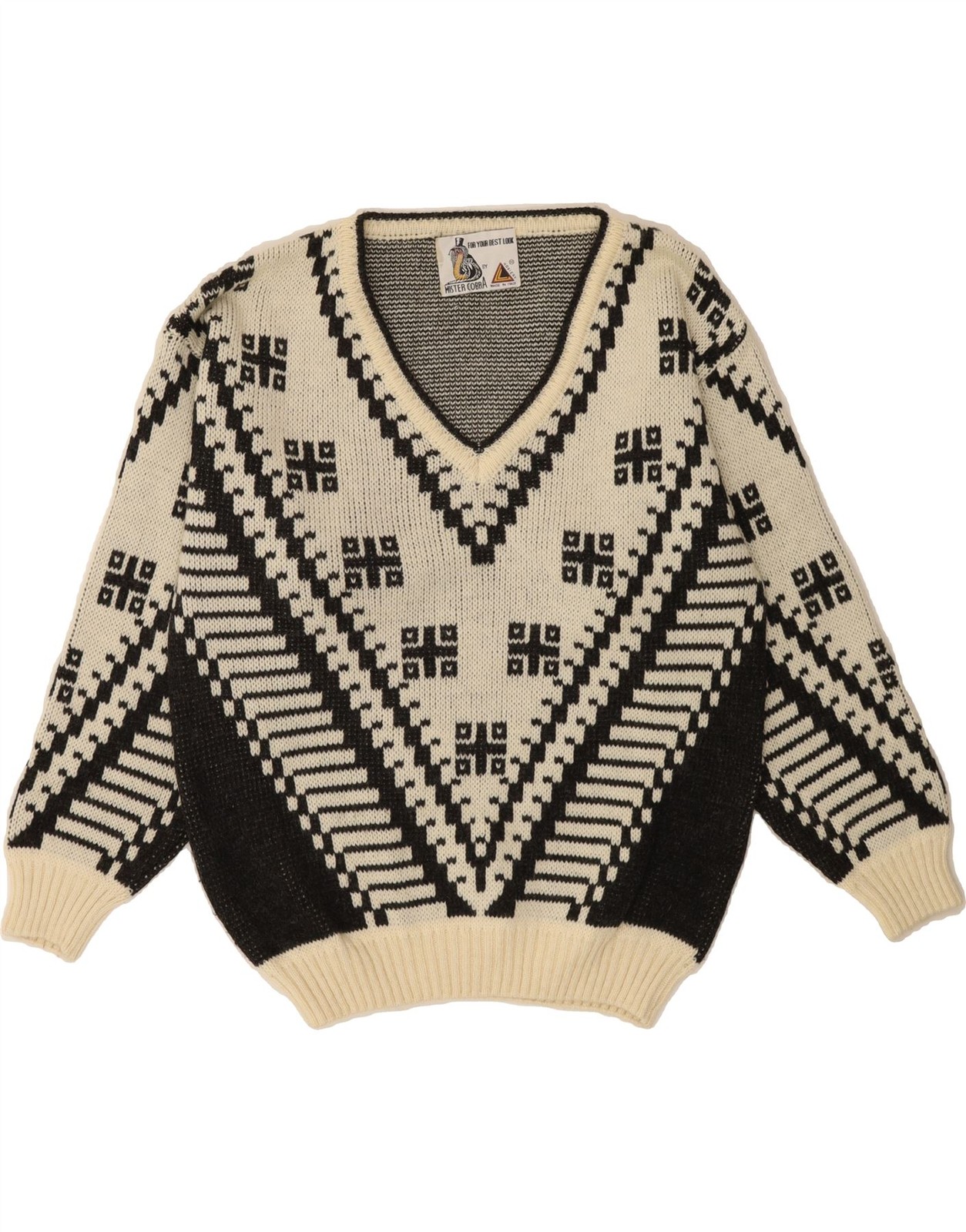 VINTAGE Mens V-Neck Jumper Sweater Medium Off White Geometric Wool CE04