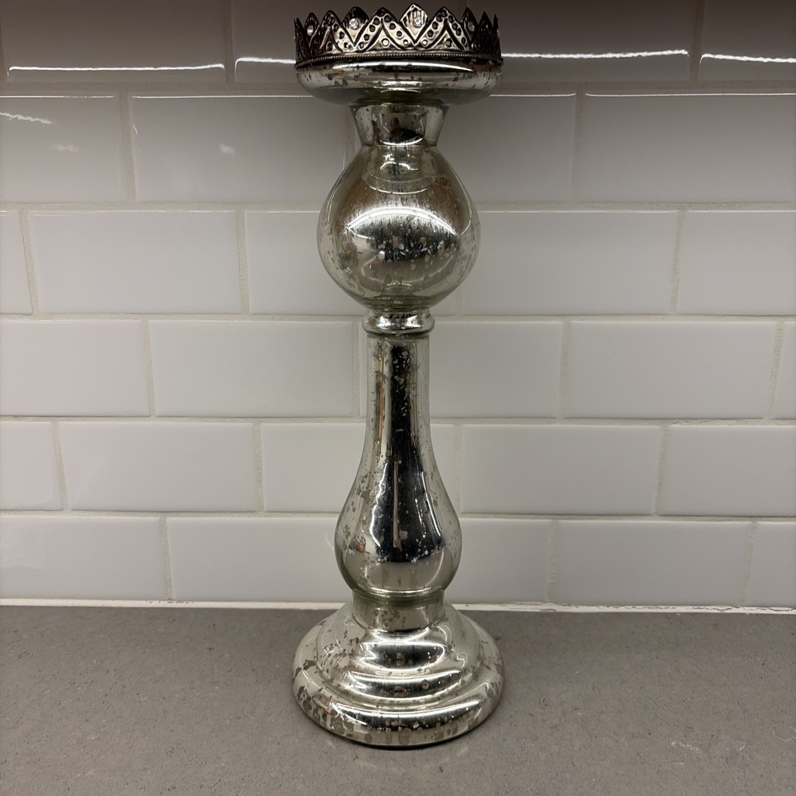 Mercury Glass Pillar Silver Candle Holder 17” Bella Lux Home Decor