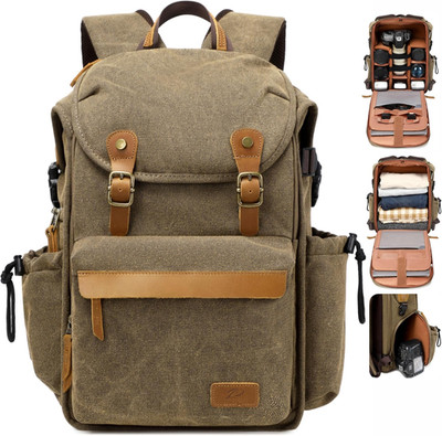 Khaki Anti-Theft DSLR Camera Backpack with Rain Cover & Large Capacity