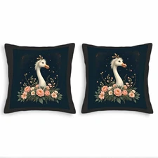 Set of 2 18x18in Throw Pillow Covers - Elegant White Swan with Golden Crown 