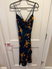 Navy Blue Floral Satin Slip Midi Dress | Cowl Neck | Strappy Back | Side Slit