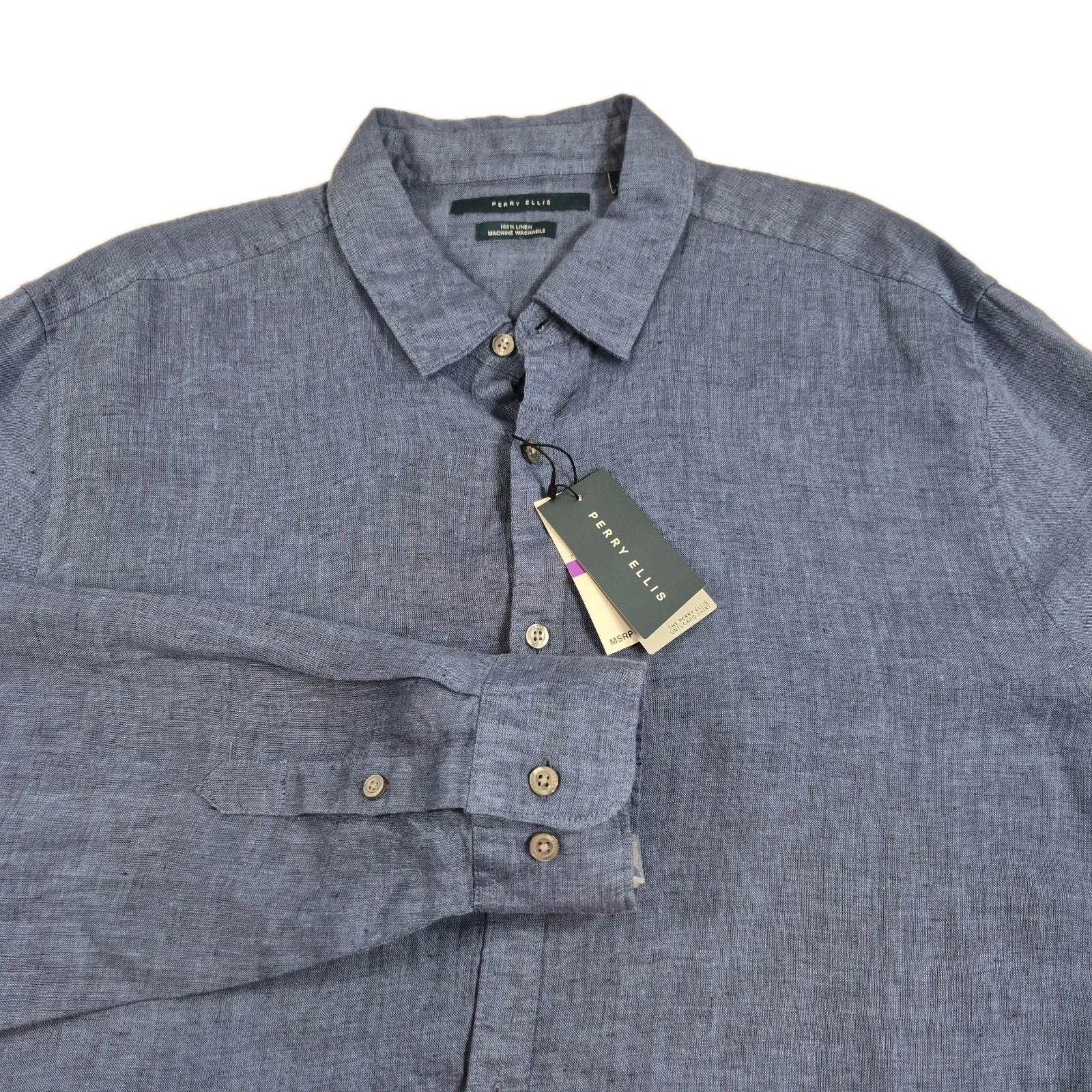 Perry Ellis Men's Linen Shirt Size XXL Rolled-Sleeve Solid Blue Long Sleeve 56