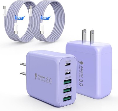2-Pack 60W USB-C Fast Charger Block for iPhone 17/16, 10FT USB-C Cable