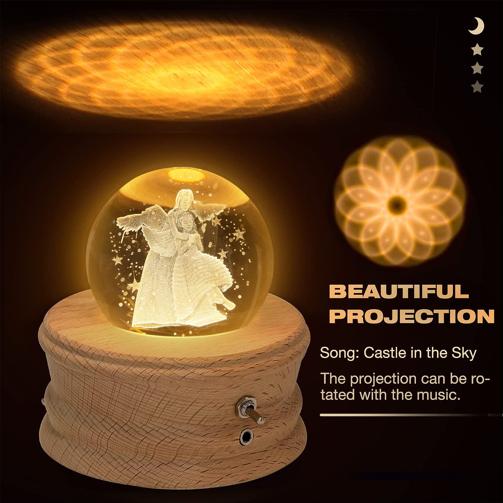 Revolving Yellow Light Kibuhain 3D Crystal Ball Music Box Castle in The Sky LED Light Rotating ...