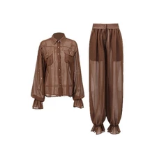 Fashion Casual Women Elegant Collar Long Sleeve Shirt+High Waist Loose Pants Set