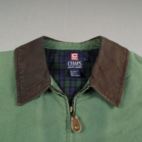 Chaps Ralph Lauren Green Bomber Jacket Men's Large Full Zip Leather Collar Patch - Picture 6 of 17