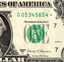 2017A G Star Note Fancy Serial Number One Dollar Bill G05345654* Regular Run