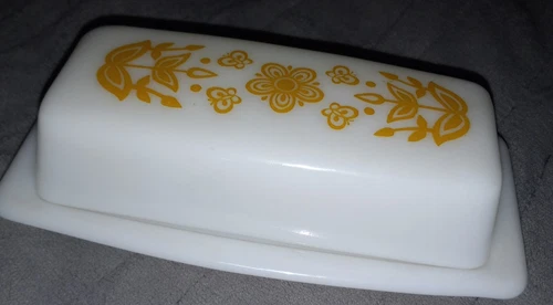 Vintage Pyrex Butter Dish Flowers Gold 2 Piece Cover Lid Bottom Dish White Glass