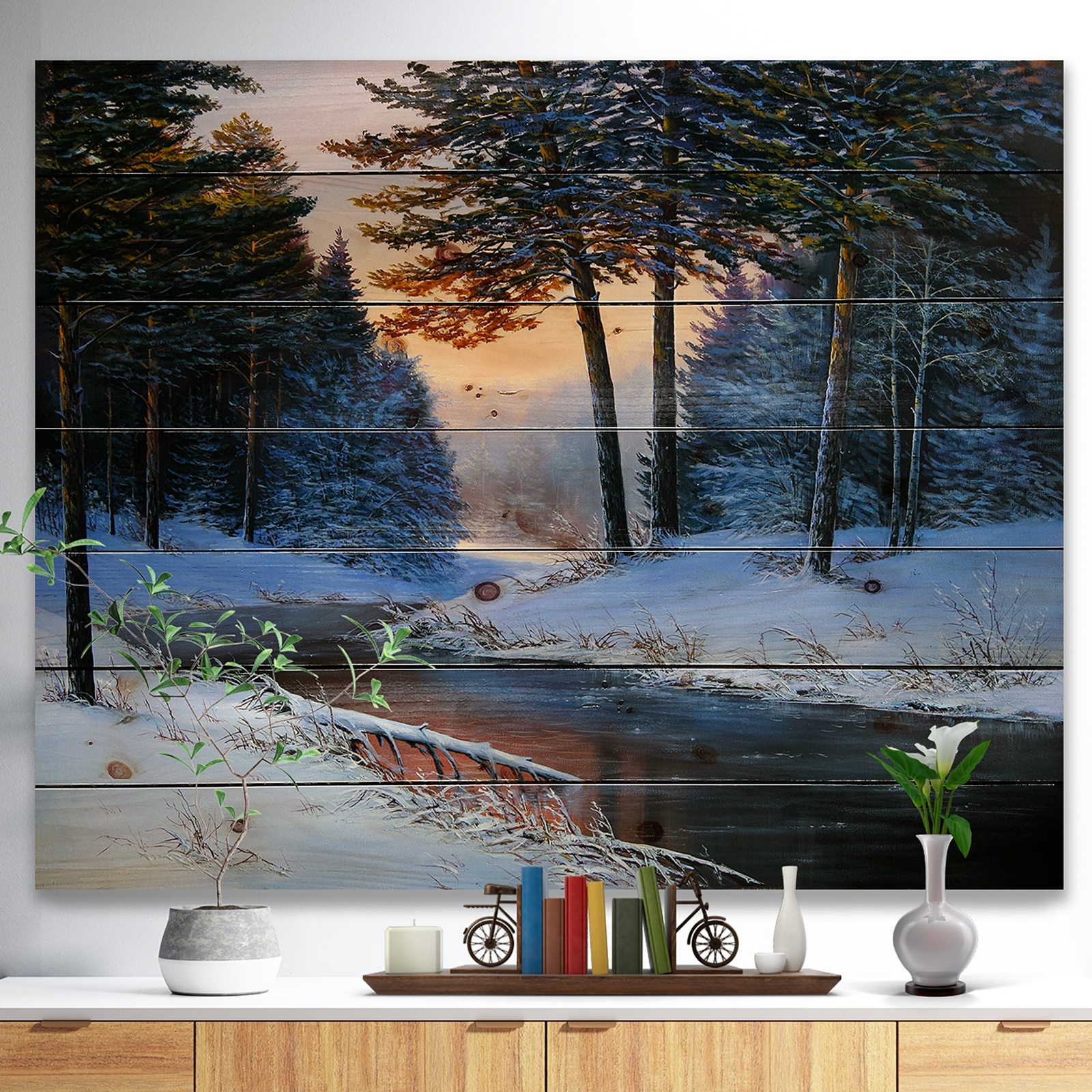 Designart 'Winter River And Forest' Nautical & Coastal Wood