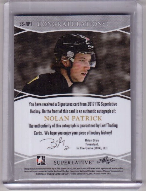 NOLAN PATRICK 17/18 Leaf Superlative Signatures Rookie Auto Autograph BLUE # /15 - Image 2 of 2